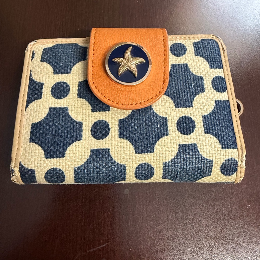 Spartina 449 Blue and Cream Leather Patch wallet. **flaws noted in pics